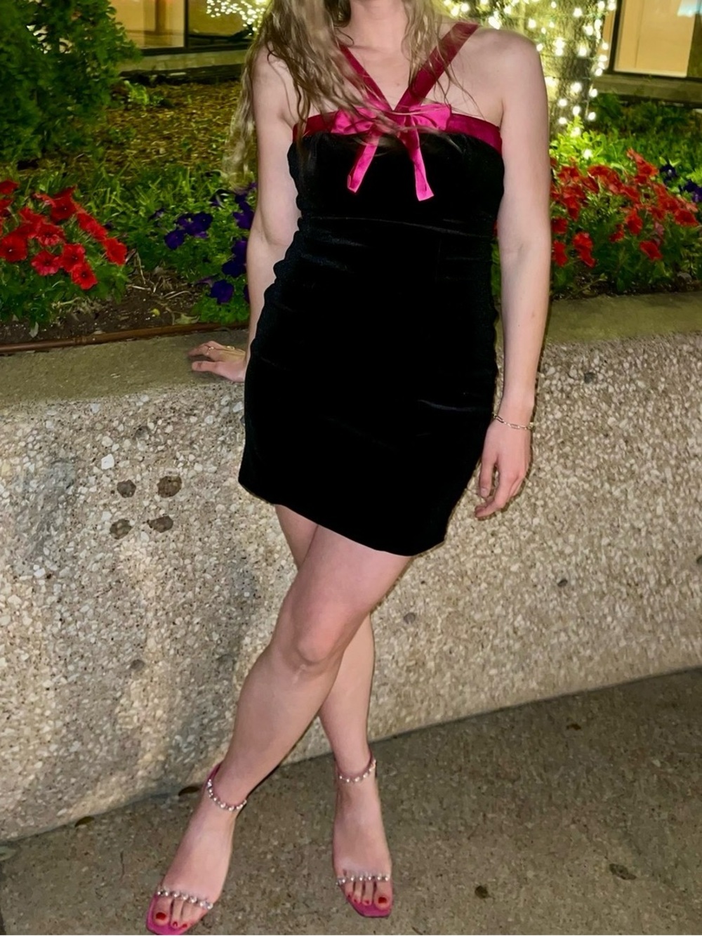 City Studio Black Velvet Dress with Fuchsia Satin Straps size 7/8 Juniors